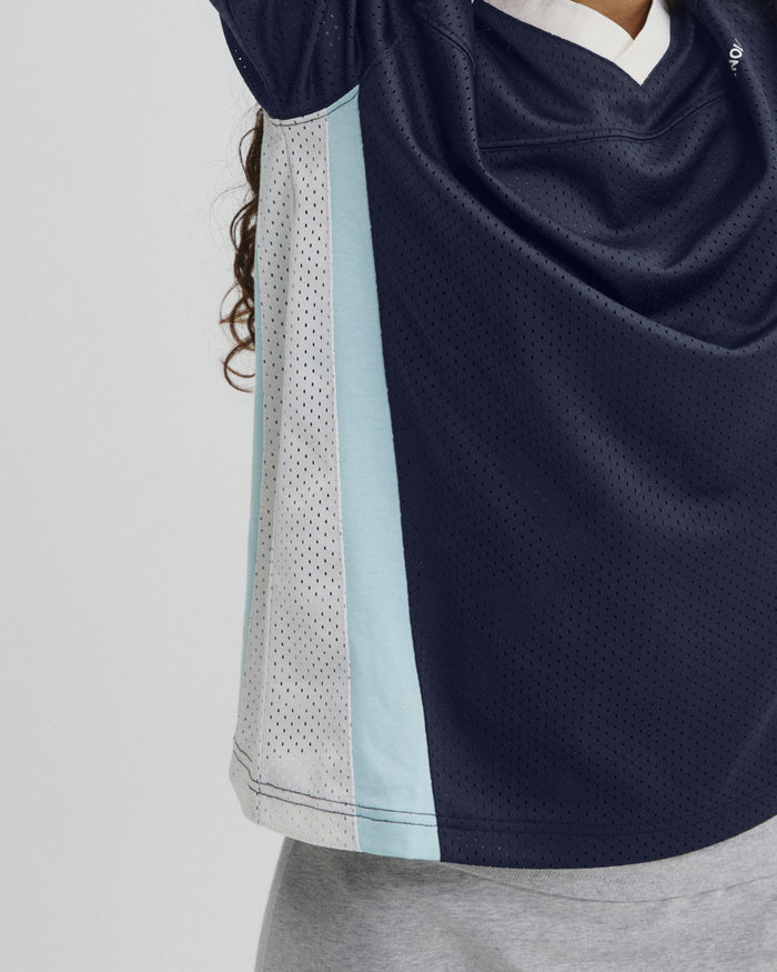 Collared Mesh Long Sleeve Jersey Top - Midnight Blue