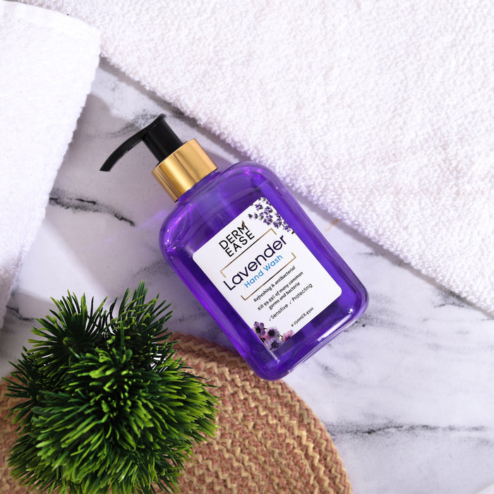 Dermease lavender hand wash is on floor