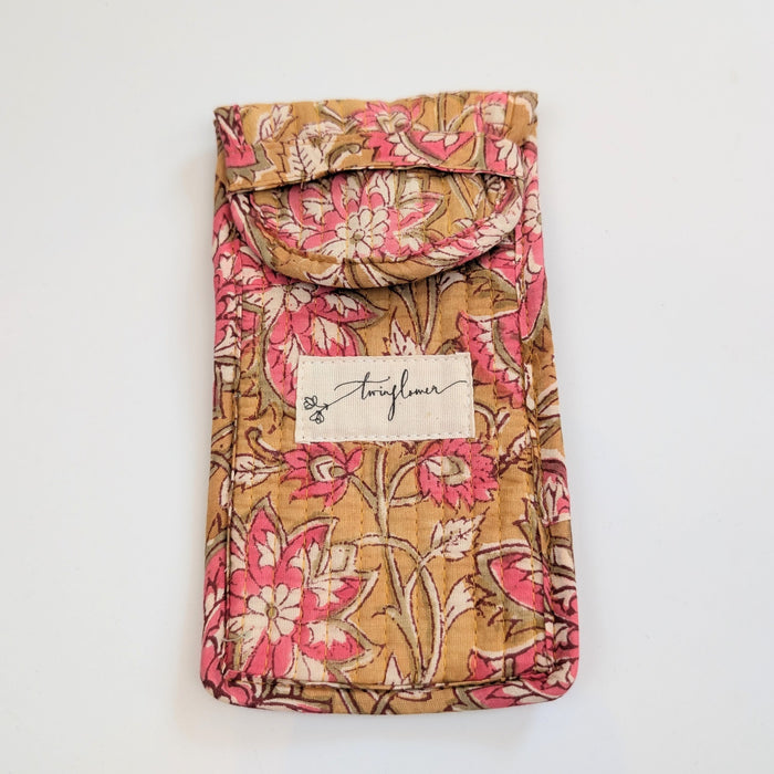Mustard & Pink Floral Block Print Quilted Glasses Case - Precious Sparkle