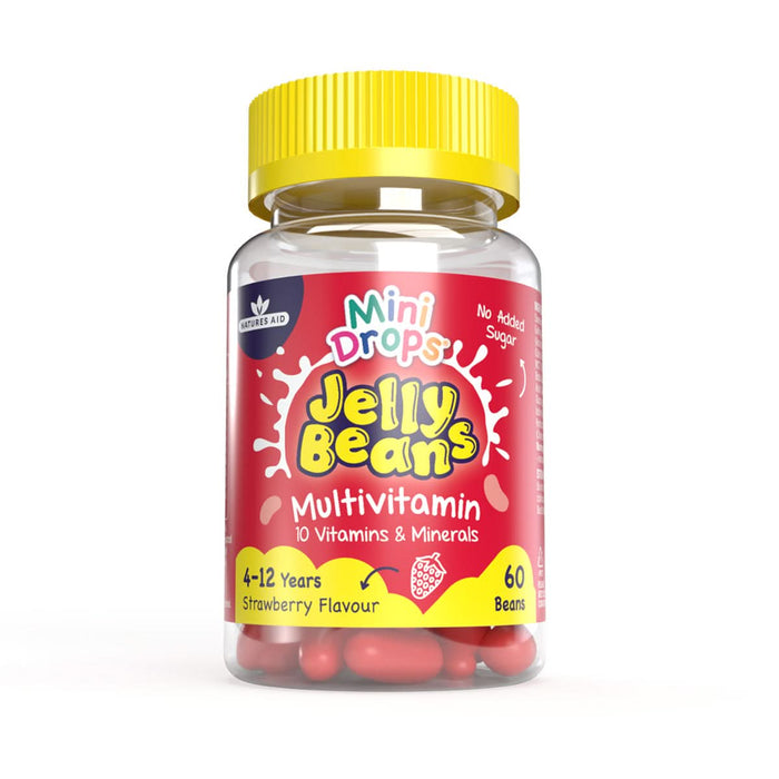 Natures Aid Mini Drops Multivitamin Jelly Beans jar, yellow lid, red label, 10 Vitamins & Minerals, Strawberry Flavour, 60 Beans, white background