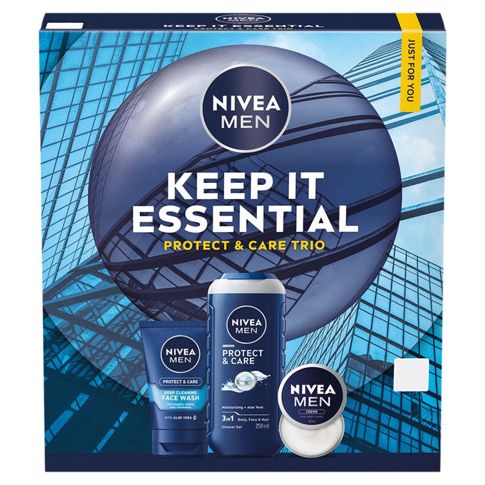 Nivea Men Keep It Essential gift set box in blue with face wash, Protect & Care shower gel 250ml, and creme tin.