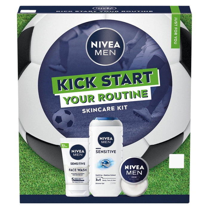 Nivea Men Kick Start Your Routine Skincare Kit gift set box with football design, showing sensitive face wash, 3-in-1 shower gel and creme tin.