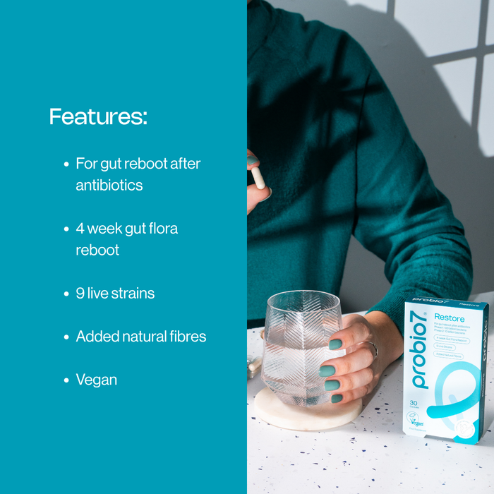 Probio7 Restore 30 Capsules box on white surface beside a glass, teal background lists features including 9 live strains and vegan.
