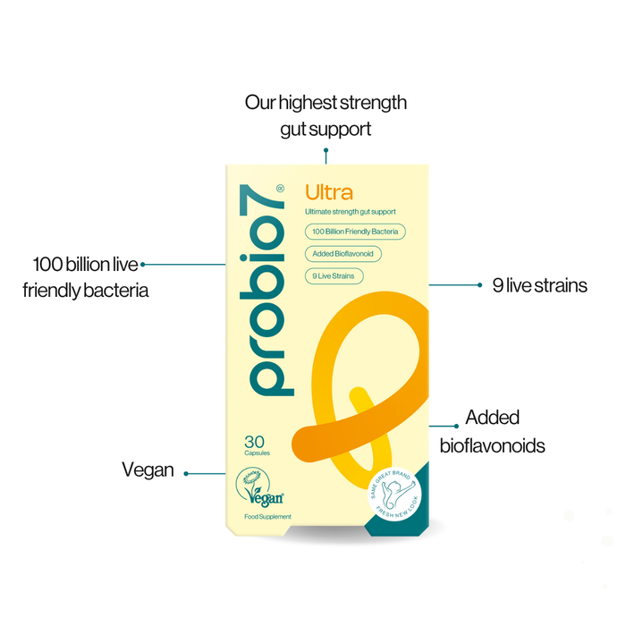 Probio7 Ultra 30 Capsules pale yellow box with teal logo, orange swirl design, listing 100 billion bacteria, 9 live strains, vegan, on white background.
