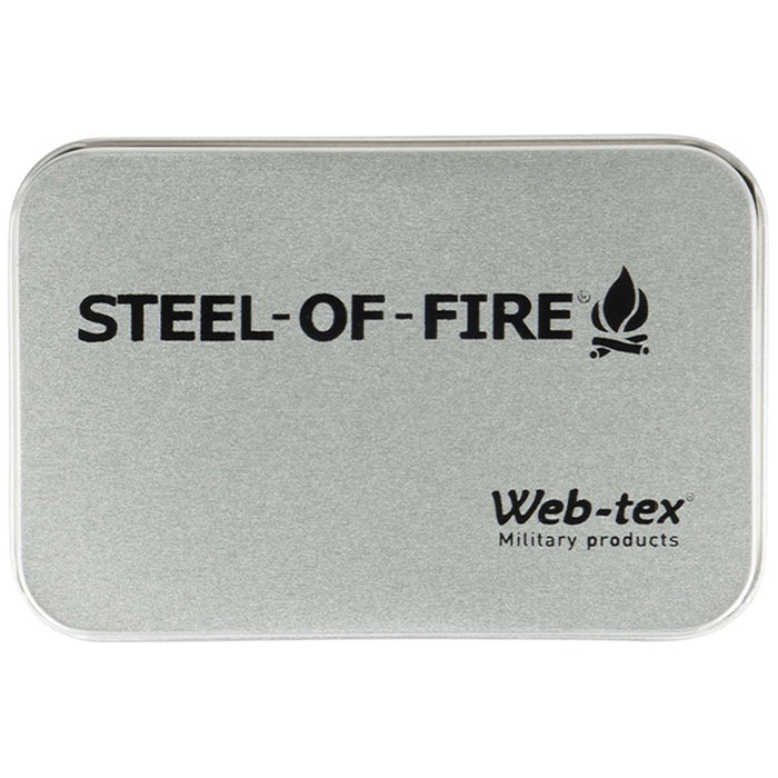 metal container of web tex steel of fire starter kit
