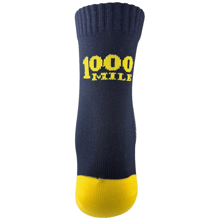 rear view of 1000 mile all terrain blue and yellow repreve socks
