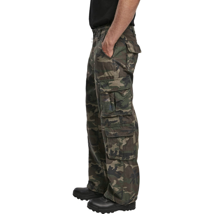 side leg cargo pockets on brandit pure vintage woodland camo trousers