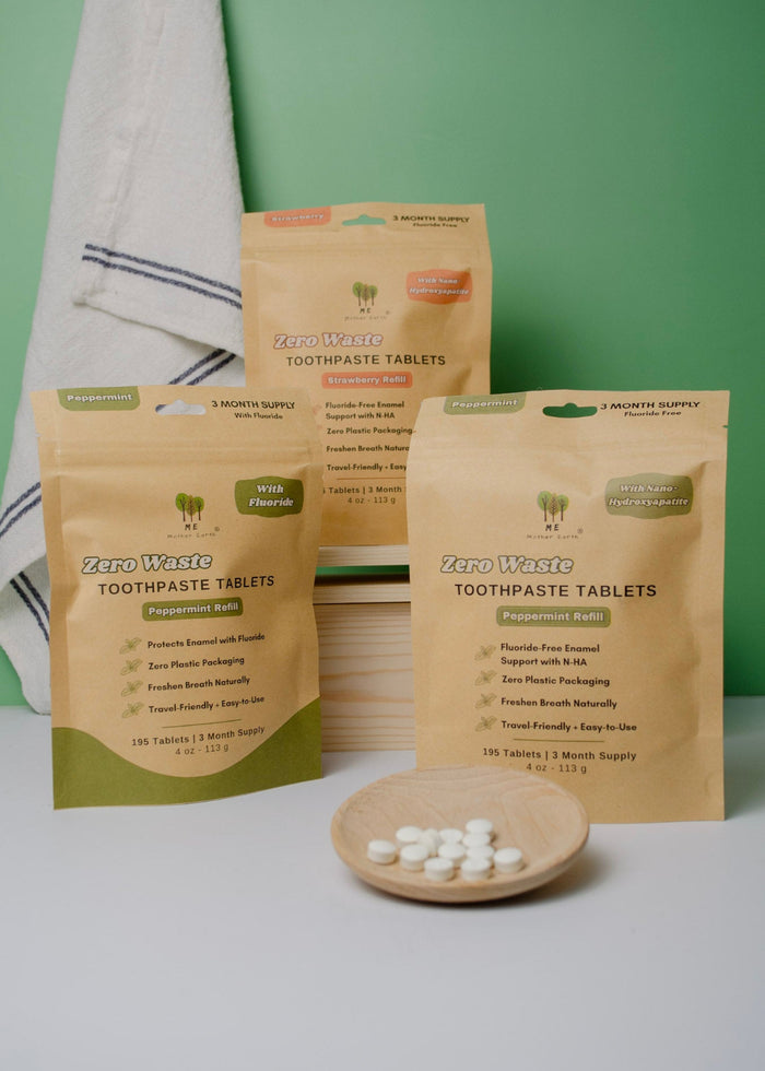Zero Waste Toothpaste Tablets packaging with a green background