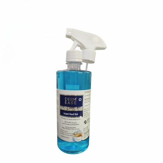 A plastic bottle of hand sanitizer with a trigger spray dispenser, labeled as DERMEASE.