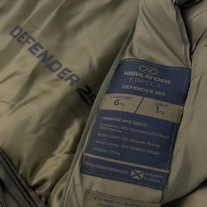 highlander green defender 250 sleeping bag with 6 degree comfort rating