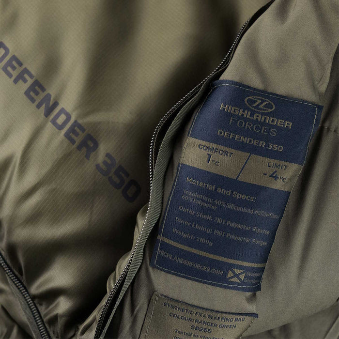 highlander green defender 350 sleeping bag with 1 degree comfort rating