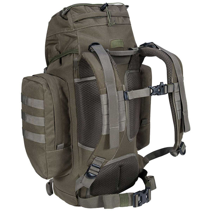 angled rear view of highlander forces elite pack 44l ranger green