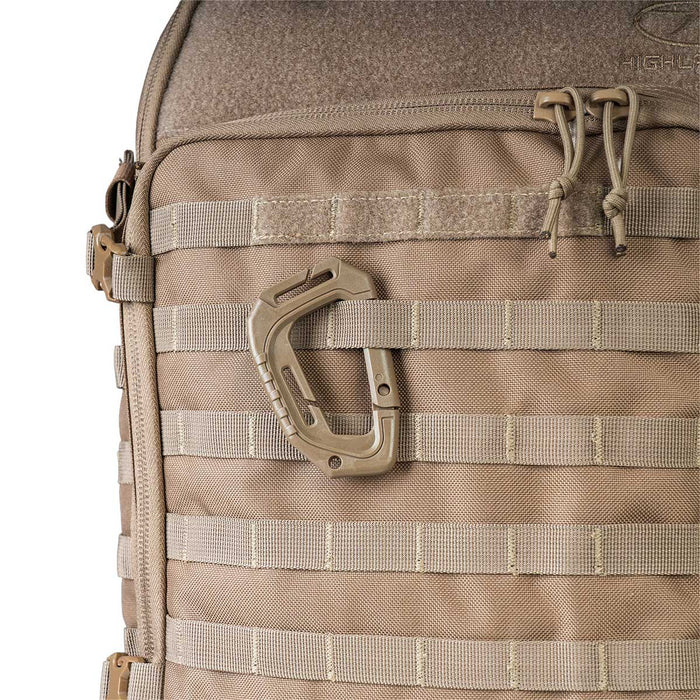 45 litre coyote brown highlander harrier full clamshell pack with carabiner