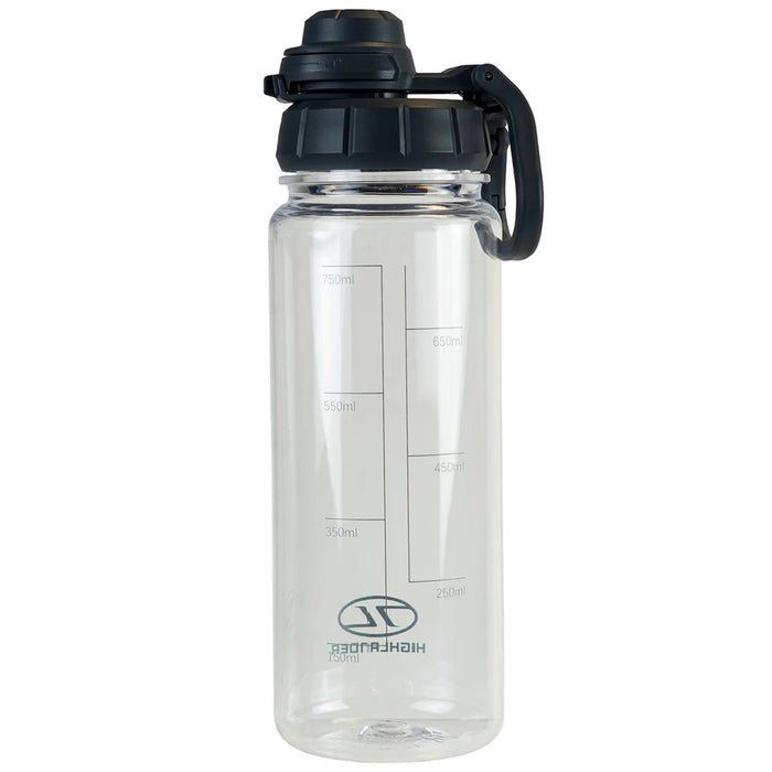 close up of the logo on the highlander laguz 750ml water bottle charcoal