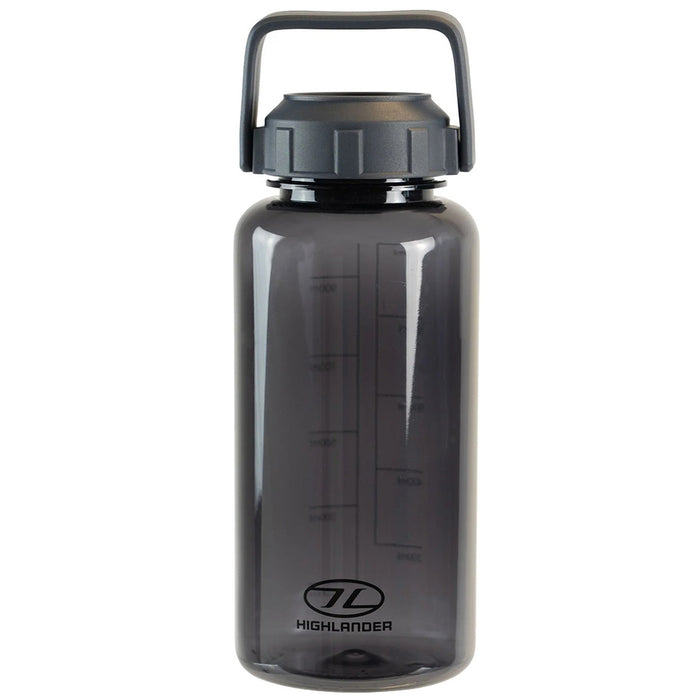 close up of highlander logo on the black njord tritan bottle