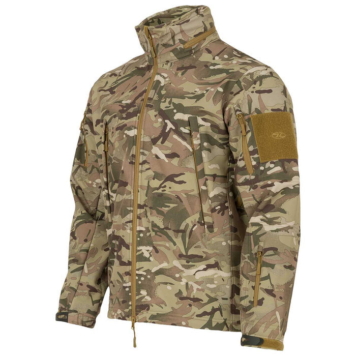 angled view highlander tactical softshell jacket hmtc camo