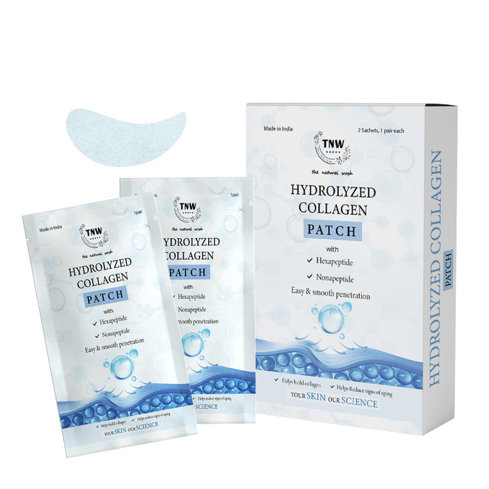 Packaging and patches of Hydrolyzed Collagen for skin firmness. The box contains two sachets with patches visible through a clear window, with blue and white branding.