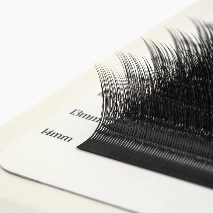 Side-view macro of black Kitten Lash extensions highlighting their fine tips, curl and soft finish