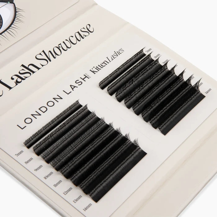 Open lash palette displaying black Kitten Lash extension strips arranged in lengths from 7mm to 14mm