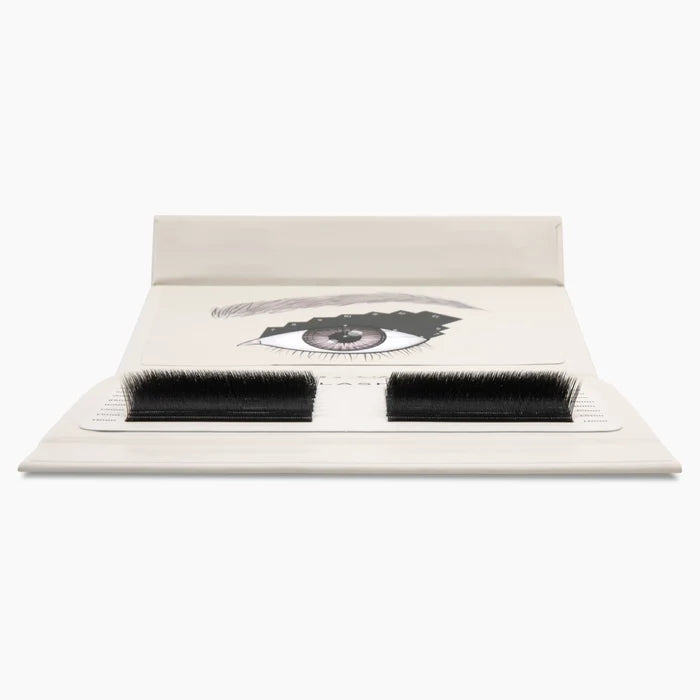 Front view of an open lash palette showcasing the curl and density of black Kitten Lash extension strips