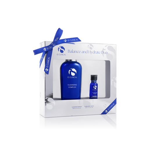 iS Clinical Balance and Hydrate Duo with blue Cleansing Complex bottle and smaller Hydra-Cool Serum vial in white box with blue ribbon