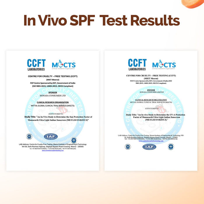 Ultra Light Indian Sunscreen In-Vivo SPF test results certified