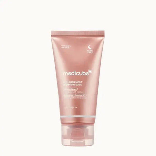 Medicube Collagen Night Wrapping Mask 75ml in rose gold tube with clear base on light grey background