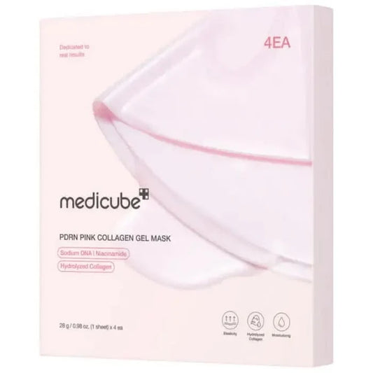 Medicube PDRN Pink Collagen Gel Mask 4EA box on light pink background, showing gel mask sheet with Sodium DNA, Niacinamide, Hydrolyzed Collagen text