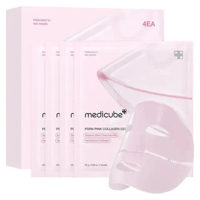 Medicube PDRN Pink Collagen Gel Mask 4-pack on white background, showing box, four packets, and unfolded pink sheet mask.