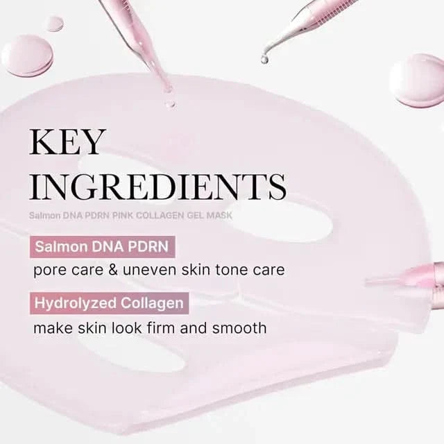 Medicube PDRN Pink Collagen Gel Mask on white background showing key ingredients: Salmon DNA PDRN and Hydrolyzed Collagen with pink droppers.
