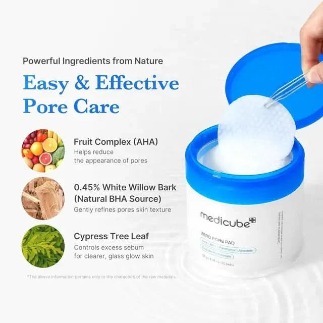 Medicube Zero Pore Pad jar with blue lid open, pad being lifted, ingredient icons on white background