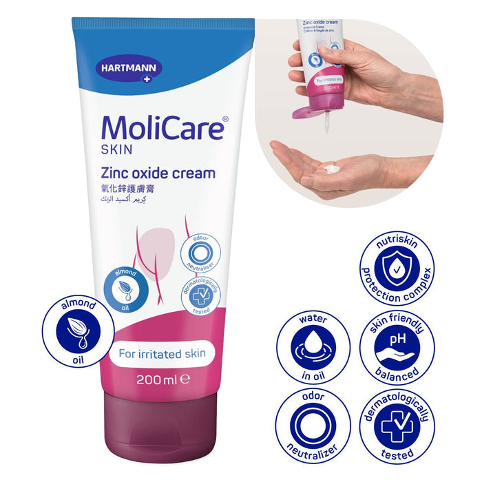 MoliCare Skin Zinc Oxide cream, Protective Skin Barrier Cream for slightly irritated skin 200ml