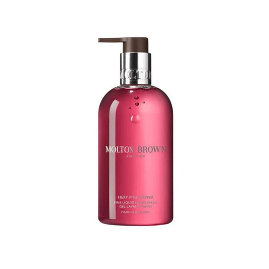 Molton Brown Fiery Pink Pepper Fine Liquid Hand Wash 300ml in a pink bottle with silver pump on white background.