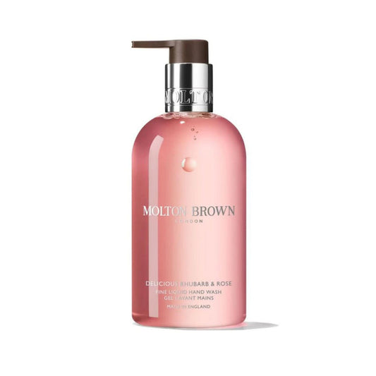 Molton Brown Delicious Rhubarb & Rose Fine Liquid Hand Wash 300ml in pink pump bottle on white background.