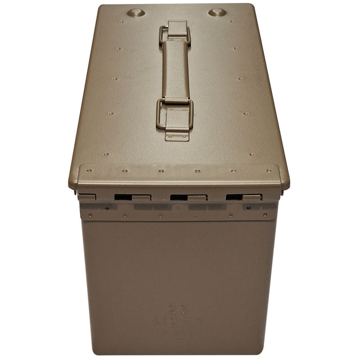 rear of desert tan nato m2A1 50 cal ammo box