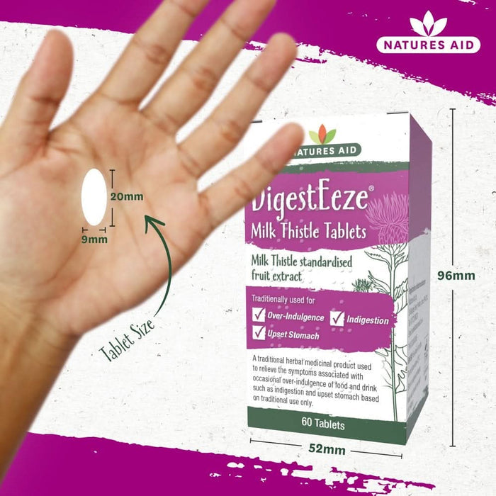 Natures Aid DigestEeze Milk Thistle 60 Tablets box on white background, hand showing tablet size 20x9mm, box measures 96x52mm