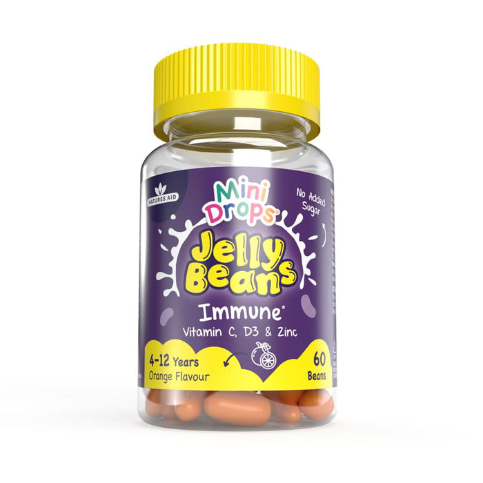 Natures Aid Mini Drops Immune Jelly Beans bottle with purple label, yellow lid, Vitamin C D3 & Zinc, 60 beans, white background.