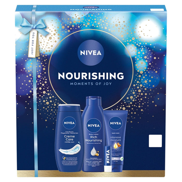 Nivea Nourishing Moments of Joy Gift Set box in blue with Creme Care shower gel, Rich Nourishing body lotion, hand cream and lip balm.
