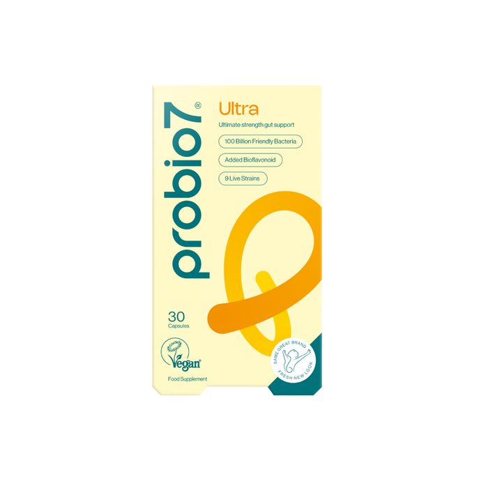 Probio7 Ultra 30 Capsules pale yellow box, 100 Billion Friendly Bacteria, 9 Live Strains, Vegan Food Supplement, white background