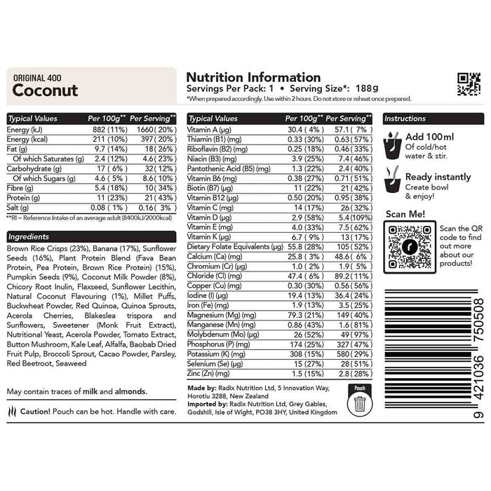 radix coconut breakfast 400kcal ingredients information