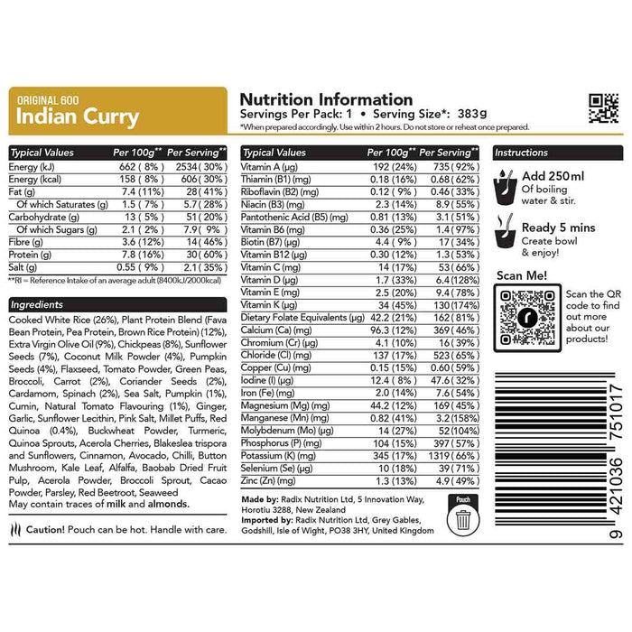 radix indian curry meal 600kcal ingredients information