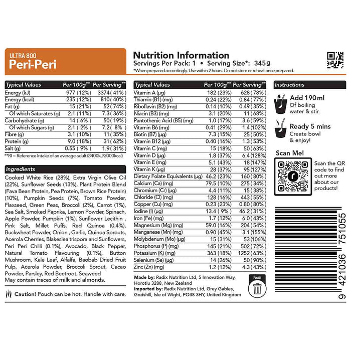 radix peri peri meal 800kcal ingredients information