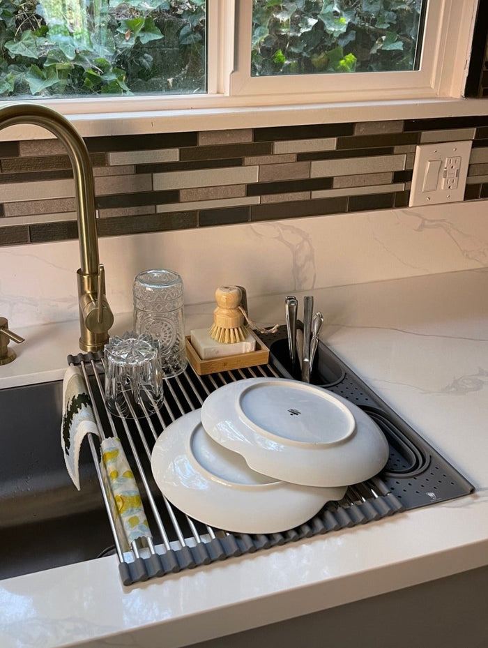 roll up dish rack colander trivet silverware caddy bamboo dish rack
