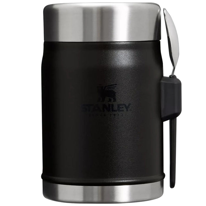 side view of stanley legendary black 400ml food jar spork