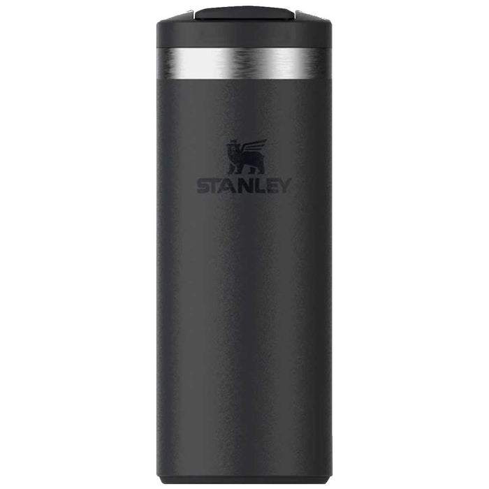 front view of 350ml black stanley transit flip top mug