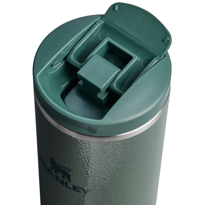 open flip top lid on stanley transit mug 350ml hammertone green