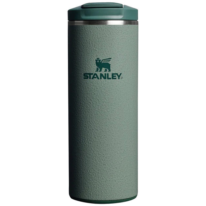front view of 350ml hammertone green stanley transit flip top mug