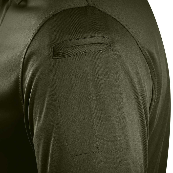 dual pen pocket on stoirm olive green performance tactical polo shirt