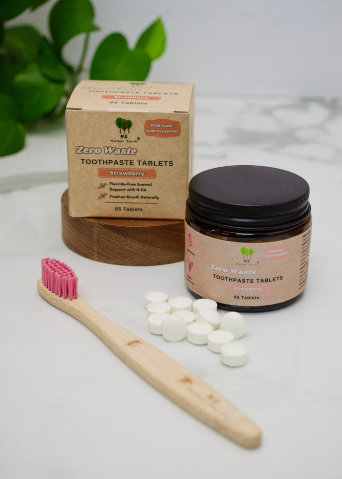 Zero Waste Toothpaste Tablets packaging with a toothbrush and tablets on a light background