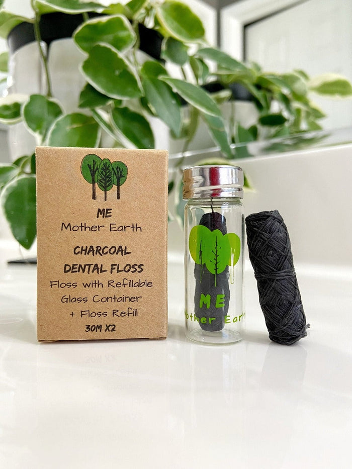 VEGAN Biodegradable Charcoal Dental Floss with Refillable Container | Eco Friendly | Zero Waste Oral Care
